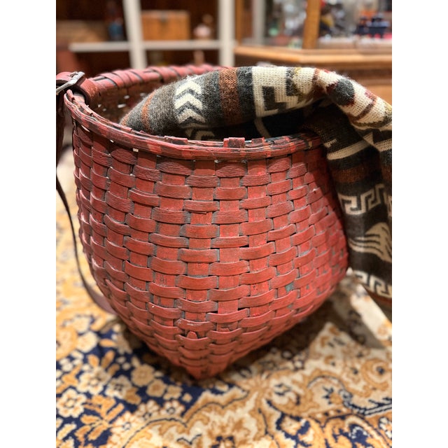 Farmhouse Rare Antique Apple Picking Basket With Leather Straps and Original Red Paint For Sale - Image 3 of 16