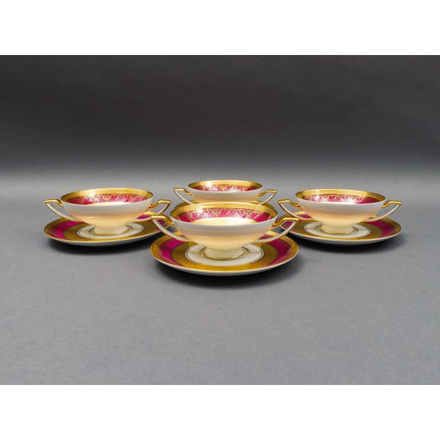 DW Porzellan Karlsbader Wertarbeit Germany Fuchsia Gold Encrusted Cream Soup Bowl Cup & Saucer Set Of 4. Measures...