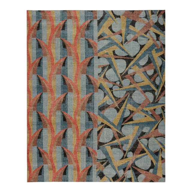 Rug & Kilim’s Distressed Deco Rug in Blue & Beige-Brown Geometric Patterns For Sale