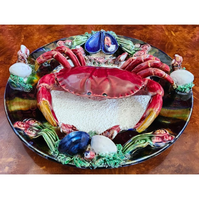 Majolica Final Clearance 2025 Salted Baked Crab Crustacean Holiday Platter Majolica Trompe l'Oeil of Mid 20th Century For Sale - Image 4 of 11