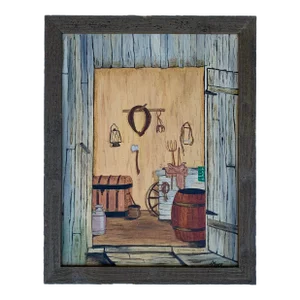 Vintage Painting Farmhouse Horse Barn Interior Scene