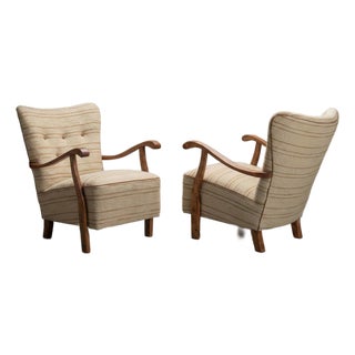 Swedish Modern Arm Lounge Chairs in Linen & Birch, Pair For Sale
