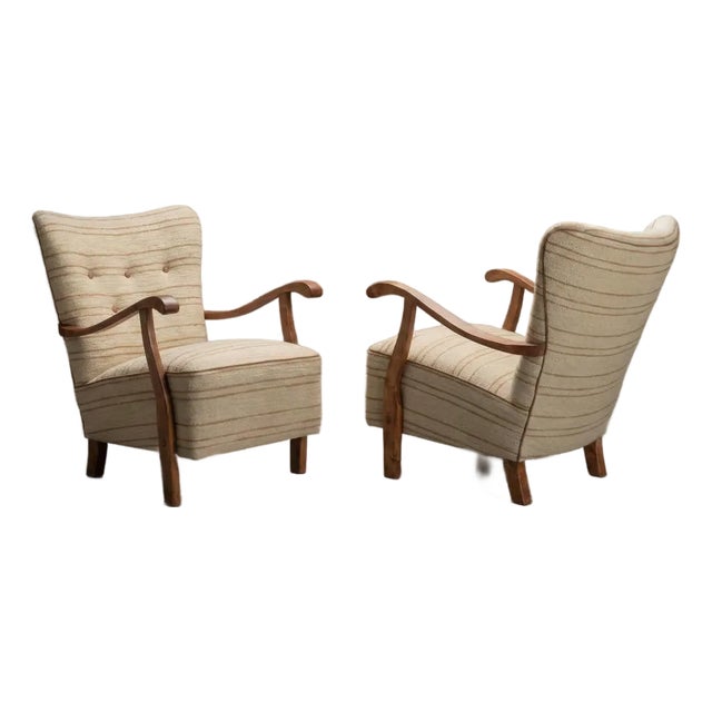 Swedish Modern Arm Lounge Chairs in Linen & Birch, Pair For Sale