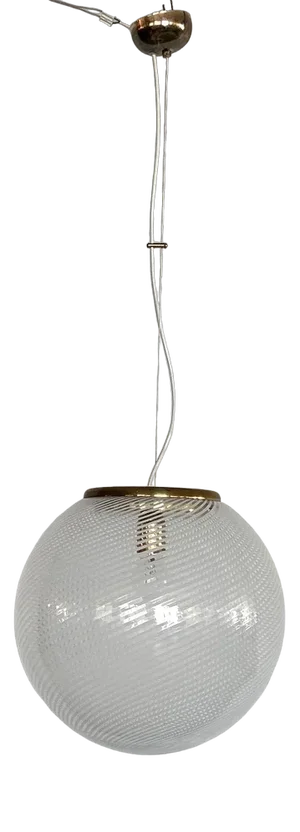 Italian Murano Glass & Brass Globe Ceiling Light with White Stripe Design from Venini, 1970s