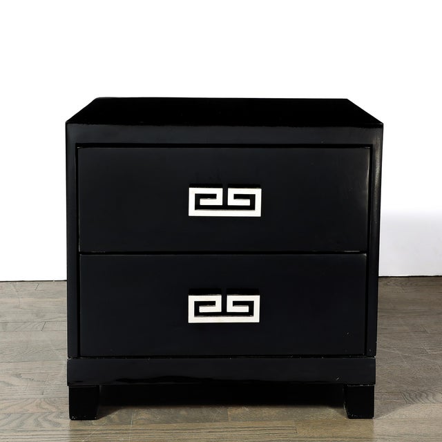 Metal Mid-Century Modernist Rectilinear Nightstands in Black Lacquer With Greek Pulls For Sale - Image 7 of 11