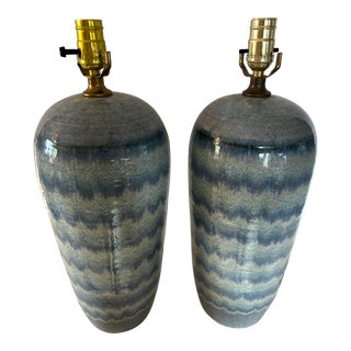 Vintage Pair of Mid-Century Drip Blue Pottery Pilar Lamps For Sale