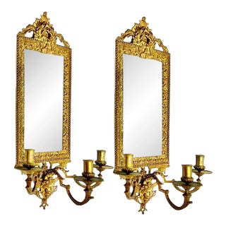 Antique Mirrored Italian Wall Brass Sconces Three Arm Candle Holder With Ornate Figural Face- a Pair For Sale