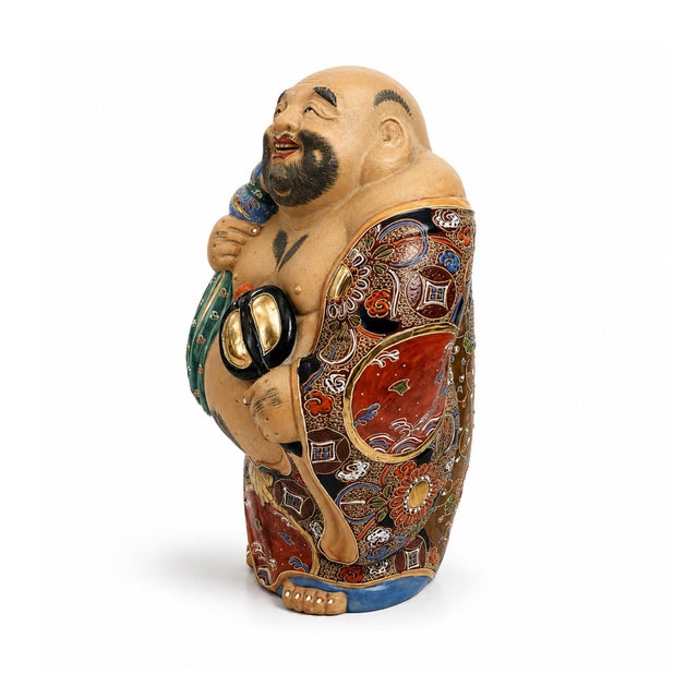 Japanese Vintage Japanese Moriage Happy Buddha Figurine Large Hand Painted Laughing Buddha Statue For Sale - Image 3 of 10
