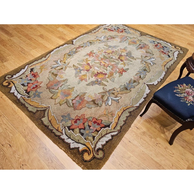 Vintage American Hand Hooked Rug, Floral Pattern in Fall Colors, Folk Art Rug, 6’ X 9’ For Sale - Image 4 of 12