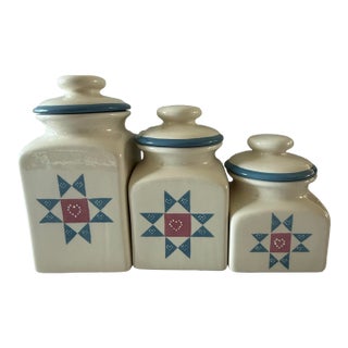 Set of 3 Vintage Ceramic Canisters With Hand Painted Quilted Star Pattern For Sale