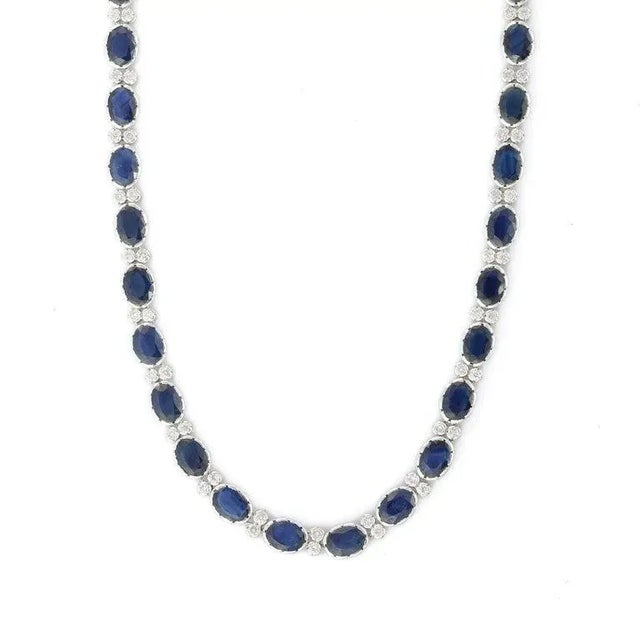 Contemporary Blue Sapphire Royal Necklace in 18k White Gold With Diamonds- 34.5 Ct & 16 Inch For Sale - Image 3 of 14