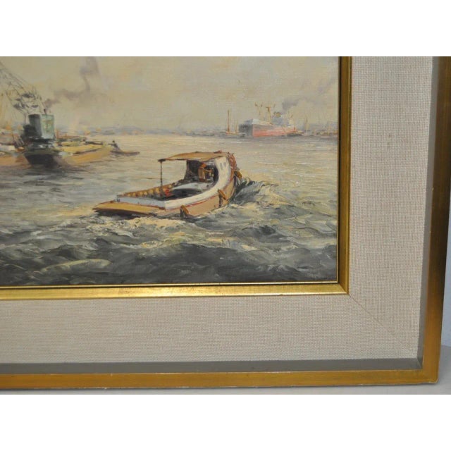 1930s Jan Schaeffer "Ships in Port" Original Oil Painting C.1930s For Sale - Image 5 of 9