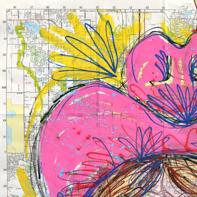 Contemporary Pink Darling - Western-Inspired Acrylic Artwork on Original Paper Map of Seattle by Jesse Black For Sale - Image 3 of 6