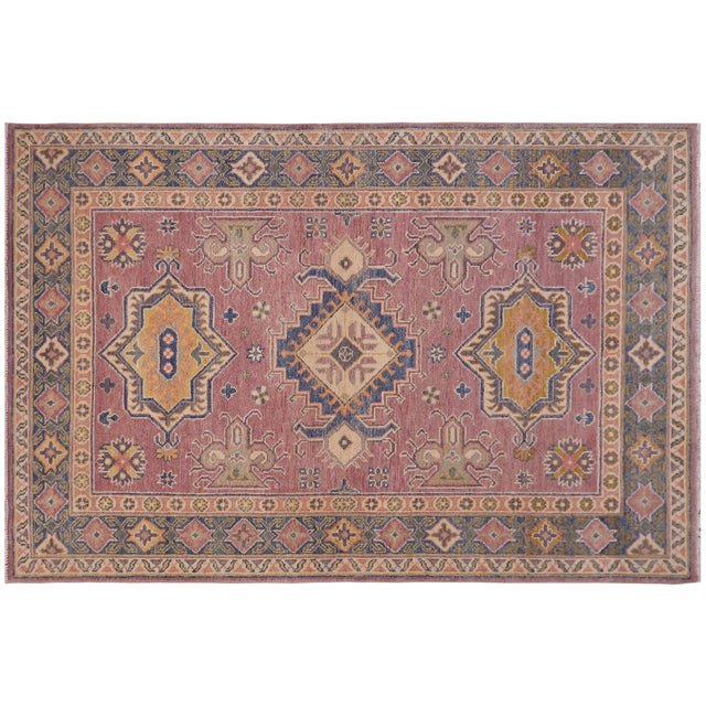 Purple Rustic Kazak Southwestern Purple/Light Blue Wool Rug - 4'0''x5'10'' For Sale - Image 8 of 10