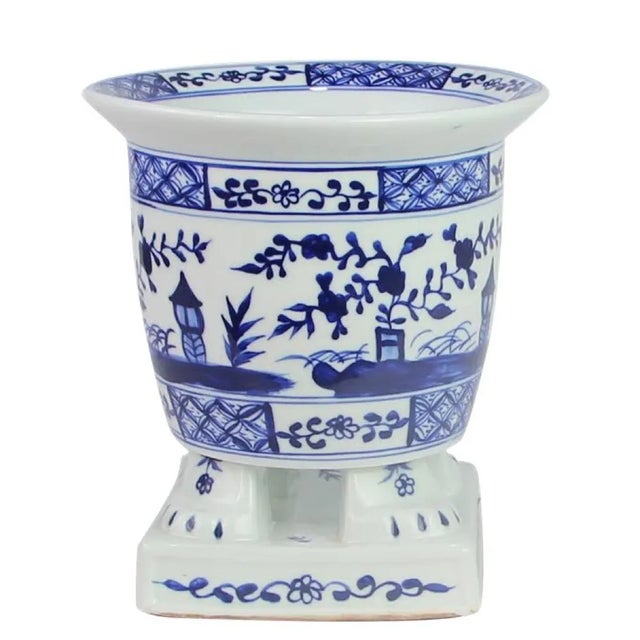 Footed Porcelain Planter in Dark Blue For Sale - Image 4 of 4