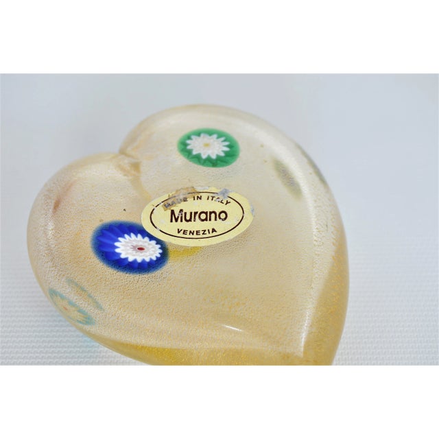 Vintage Murano Glass Heart With Gold Aventurine and Murrines Paperweight - Signed For Sale In Miami - Image 6 of 10