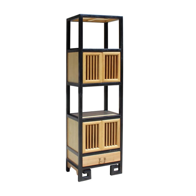 2010s Oriental Black Rim Natural Wood Narrow Storage Display Bookcase Cabinet For Sale - Image 5 of 7