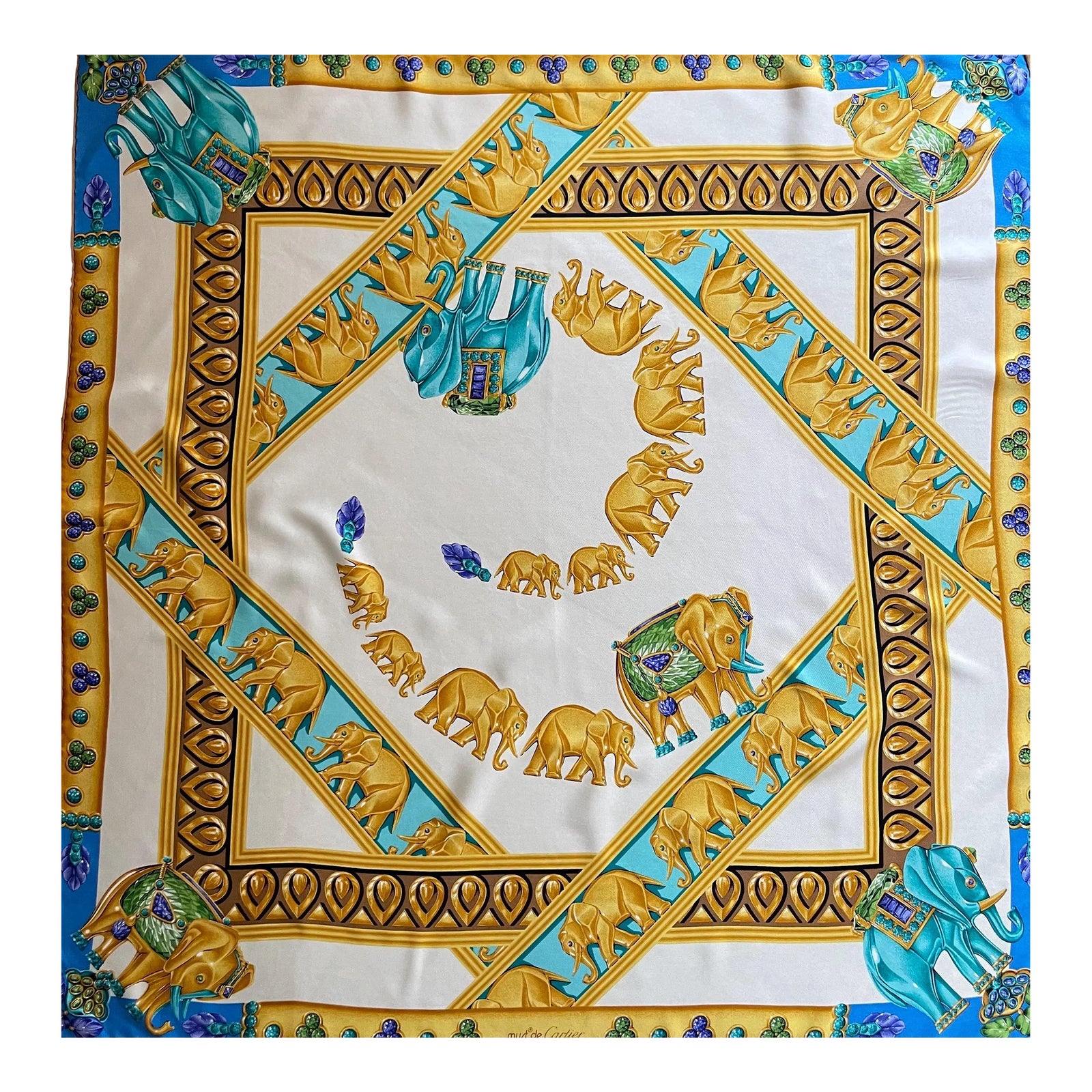 Cartier*カルティエ　大判スカーフ　シルク100%　ジュエリー　宝飾 虎 Vintage Must De Cartier Silk Scarf Panther Jewelry Print Gold