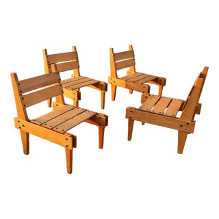 Vintage Brutalist Wooden Armchairs, 1960s, Set of 4 For Sale