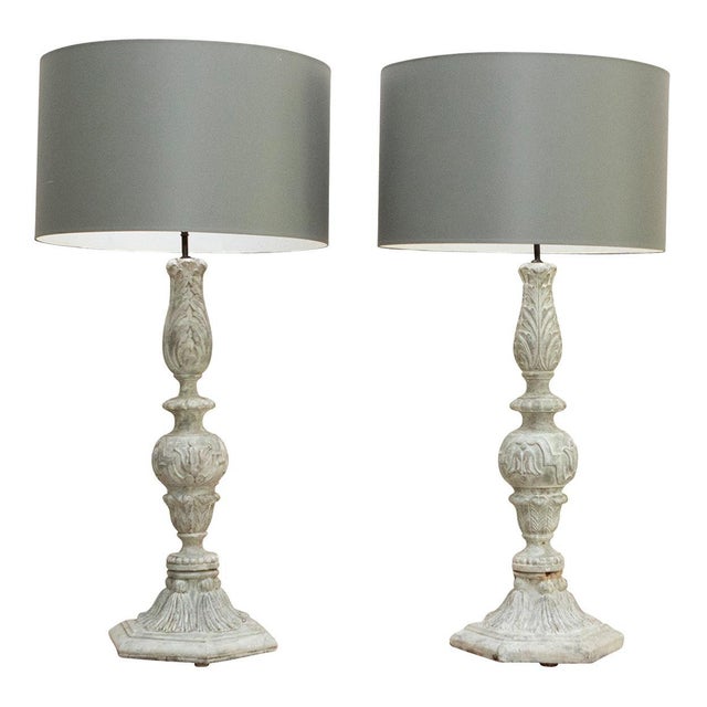 Wood Classical Carved Wooden Finial Lamps with Grey Drum Shades - A Pair For Sale - Image 7 of 7