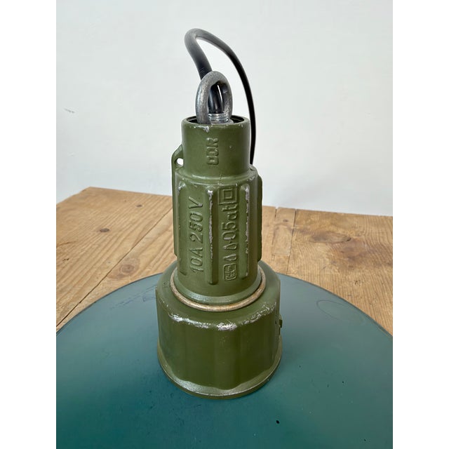 Industrial Petrol Enamel Military Pendant Lamp with Cast Aluminium Top, 1960s For Sale - Image 11 of 17