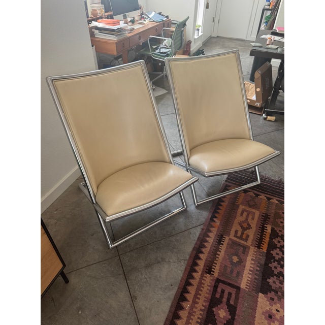 Animal Skin Pair of Original Ward Bennett Scissor Chairs – Almond Leather & Chrome For Sale - Image 7 of 7