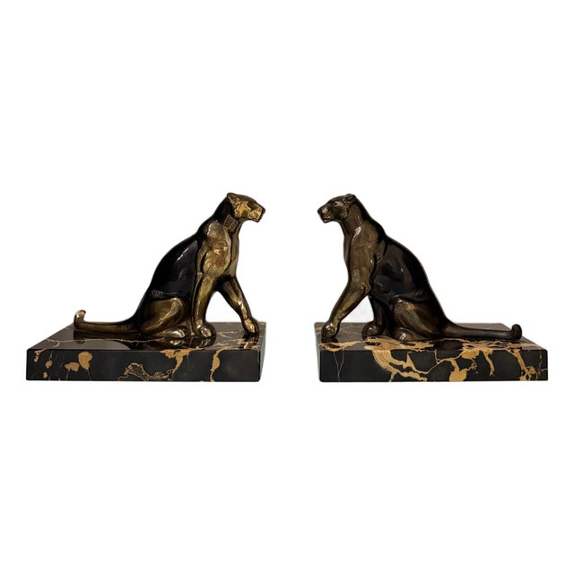 French Art Deco Sculptural Bookends with Panthers by Tedd, 1930s, Set of 2 For Sale