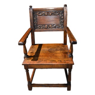 Antique Elgin a Simonds Dark Oak Wood Wainscot Side / Dining Chair W/ Arms & Carved Back For Sale
