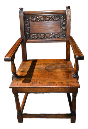 Antique Elgin a Simonds Dark Oak Wood Wainscot Side / Dining Chair W/ Arms & Carved Back