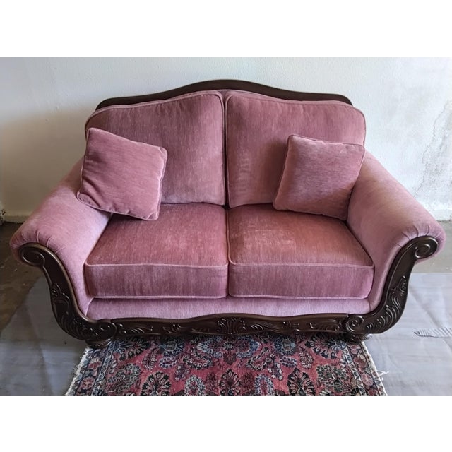 Vintage Hollywood Regency Style Carved Wood Pink Upholstered Loveseat For Sale - Image 12 of 15