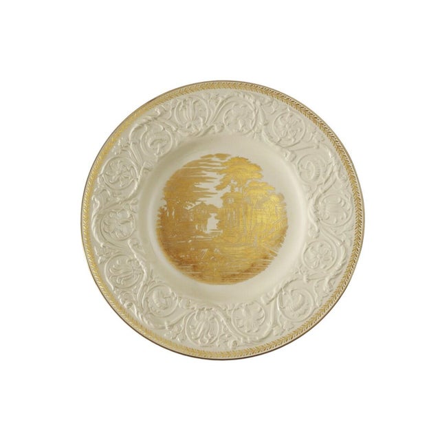English Vintage Wedgwood Patrician Plates Gilt Embossed Floral Scrolls English Country Scene - A Pair For Sale - Image 3 of 5