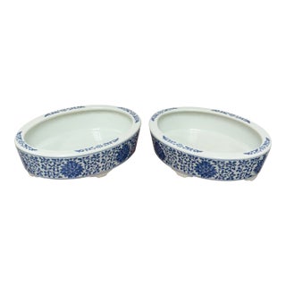 Blue + White Chinoiserie Vintage Ceramic Oval Planters, Pair For Sale