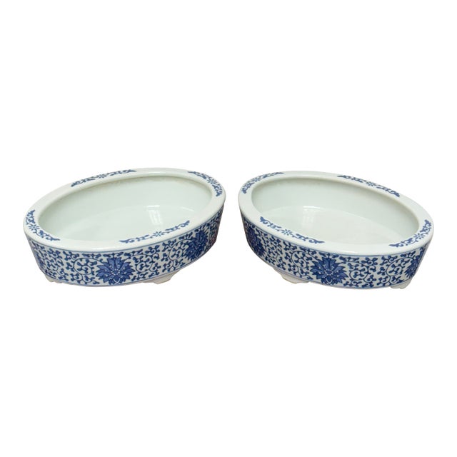 Blue + White Chinoiserie Vintage Ceramic Oval Planters, Pair For Sale