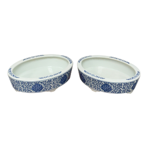 Blue + White Chinoiserie Vintage Ceramic Oval Planters, Pair