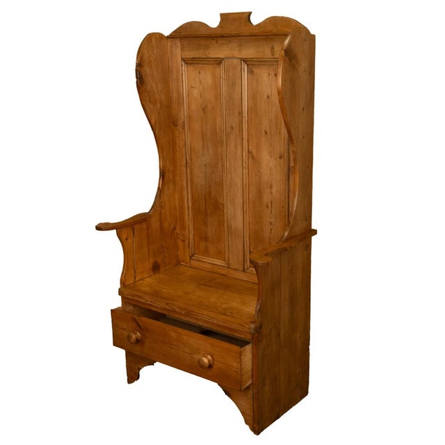 Antique 19thC English Pine Lambing Chair Hall Bench Settle With Drawer 1860 For Sale - Image 4 of 9