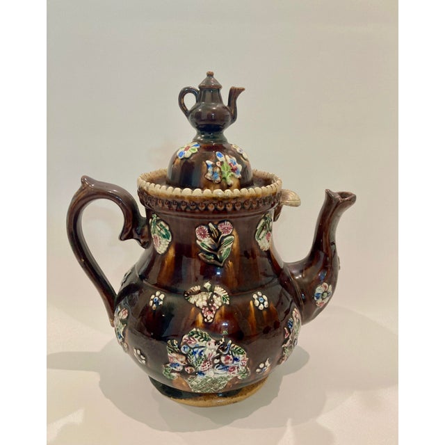 English Antique English Large Bargeware Teapot - "God Bless Our Home" For Sale - Image 3 of 11