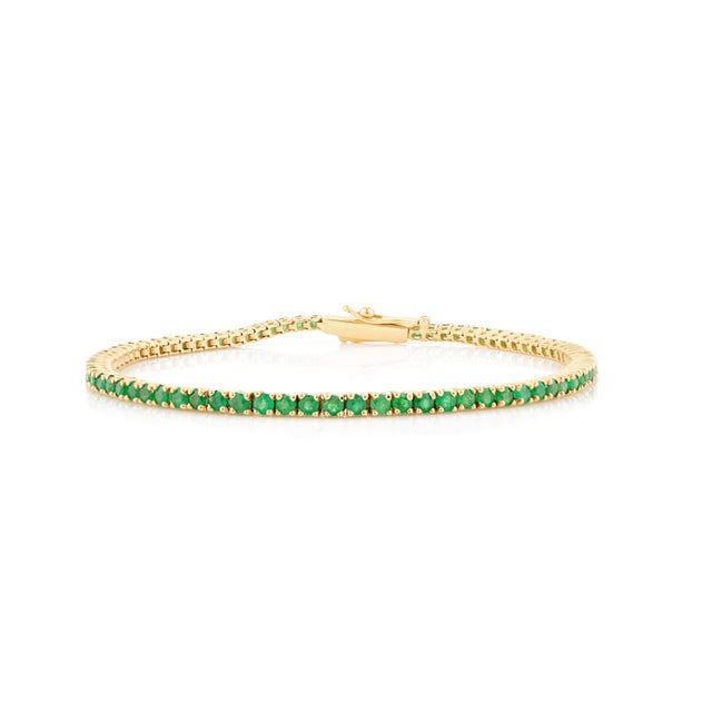 Metal Prong Set Emerald Tennis Sleek Bracelet in 18k Yellow Gold For Sale - Image 7 of 12