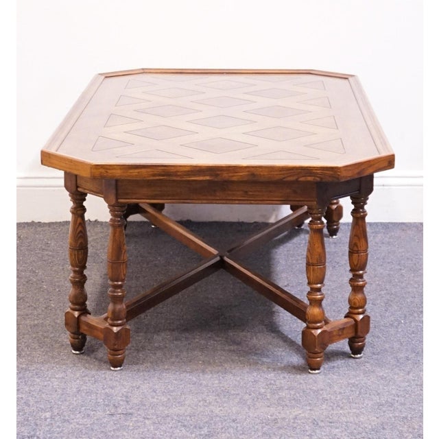 Brown Henredon Furniture Four Centuries Collection Solid Oak Rustic Americana 46" Accent Coffee Table W. Lattice Parquet Top For Sale - Image 8 of 10