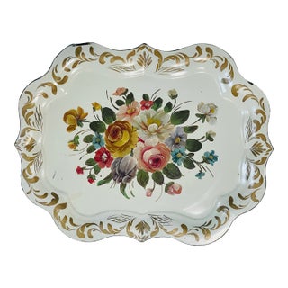 Antique Victorian American Tole Tray Handpainted Flowers For Sale