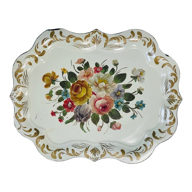 Antique Victorian American Tole Tray Handpainted Flowers For Sale