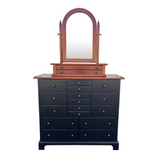 1990s Stanley Furniture 13-Drawer Black and Cherry Tall Chest of Drawers With Dressing Mirror For Sale