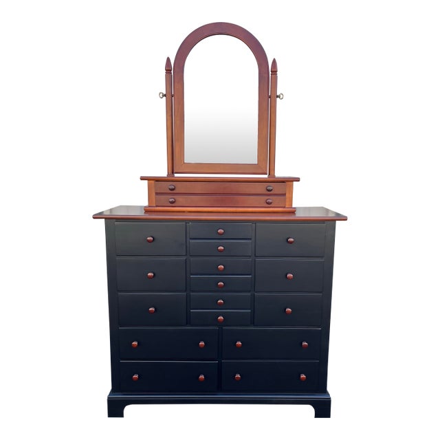 1990s Stanley Furniture 13-Drawer Black and Cherry Tall Chest of Drawers With Dressing Mirror For Sale