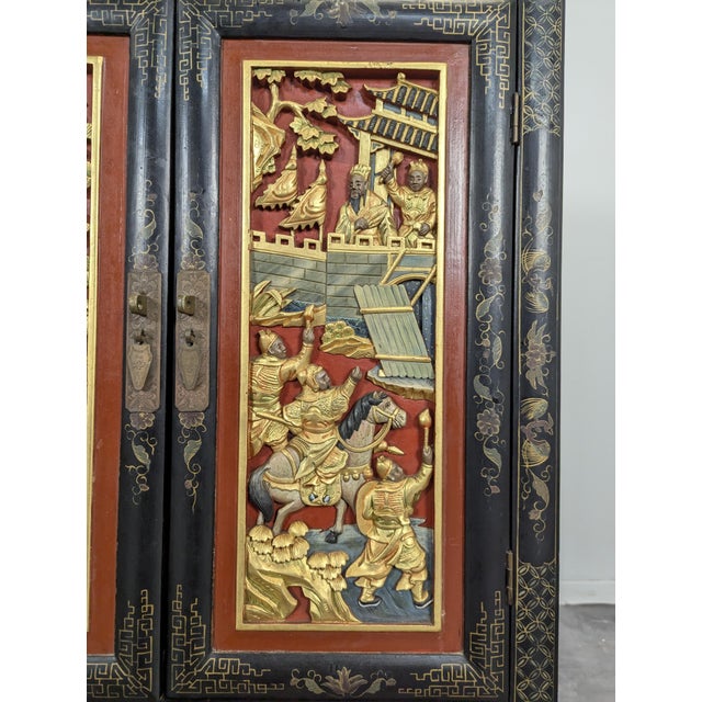 Asian Cabinet with Polychrome Sculpted Panels For Sale - Image 6 of 9