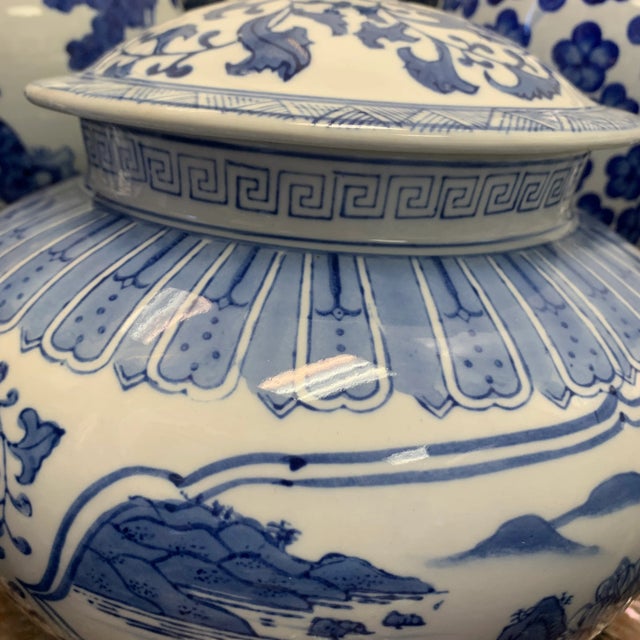 Blue Mid 20th Century Chinese Blue and White Floral & Landscape Porcelain Lidded Urn For Sale - Image 8 of 11