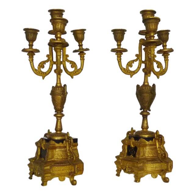 Four-Branch Bronze and Marble Candelabra, 1800s, Set of 2 For Sale