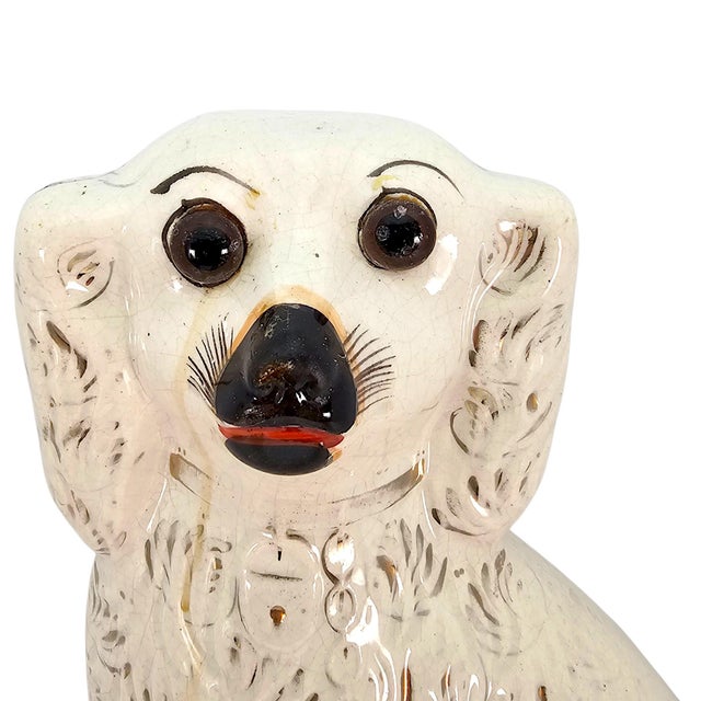White Antique Victorian Staffordshire Spaniel Dogs Amber Glass Eyes England C1880 Pair For Sale - Image 8 of 18