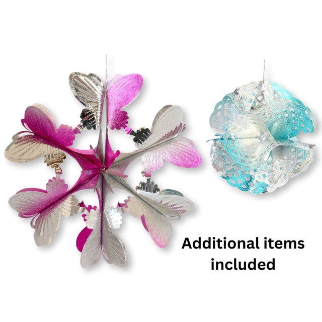 A spectacular midcentury holiday assortment featuring 23 vintage decorations — 5 metallic garlands and 18 intricate 3D...