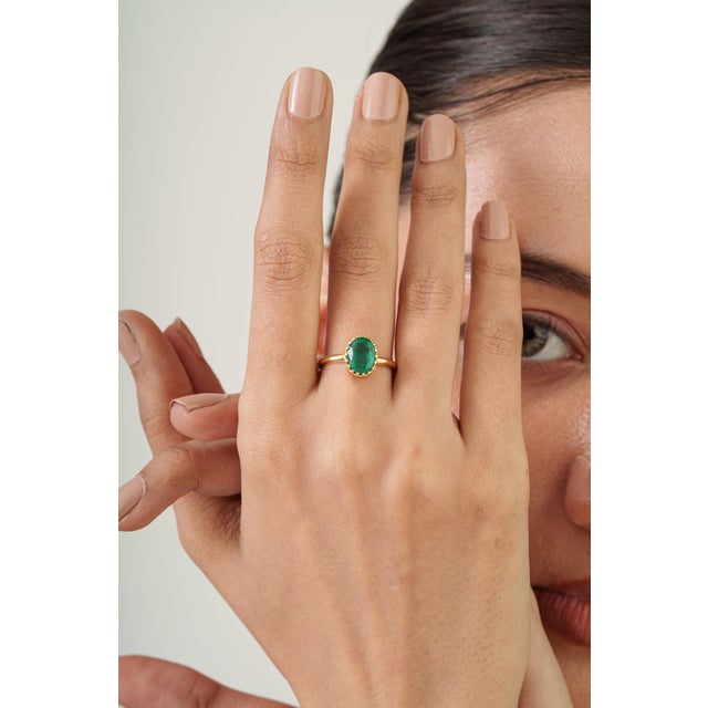 Metal Vintage Inspired 1.9ct Natural Emerald Oval Solitaire Ring Size 5.5 in 18k Yellow Gold For Sale - Image 7 of 16