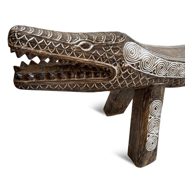 Tribal Wood Carved Long Crocodile Log Bench For Sale - Image 3 of 6