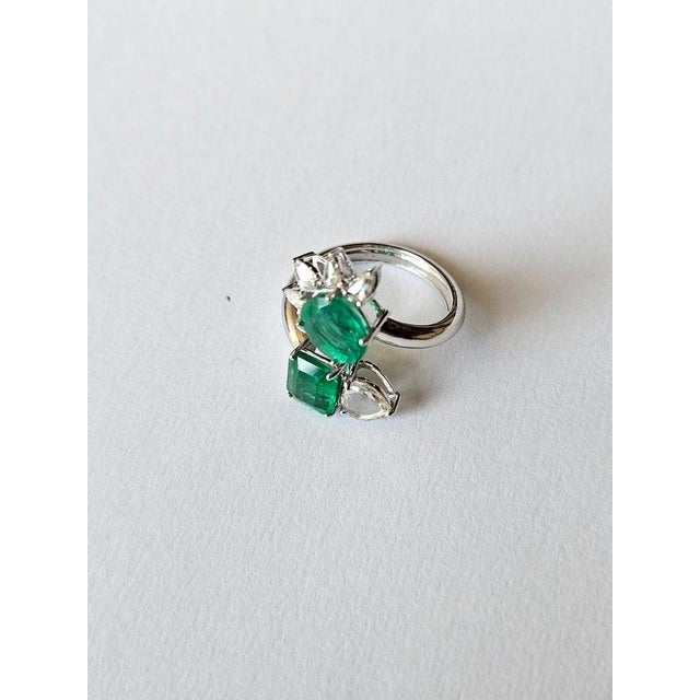 18k Gold, 2.63 Carats, Natural Zambian Emerald & Rose Cut Diamonds Cocktail Ring, Size 6 For Sale - Image 4 of 10